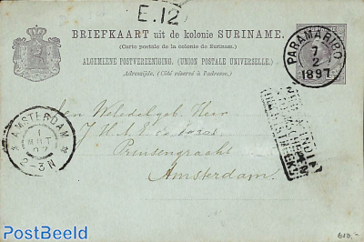 Postcard 5c, to Amsterdam with Postmark: NED:W:INDIE STOOMSCHEPEN RECHTSTREEKS