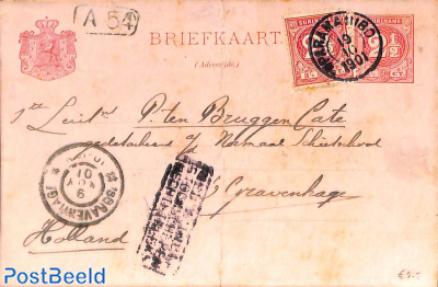 Postcard (folded)  2.5c, uprated to 's-Gravenhage with postmark: NED:W:INDIE STOOMSCHEPEN RECHTSTREE