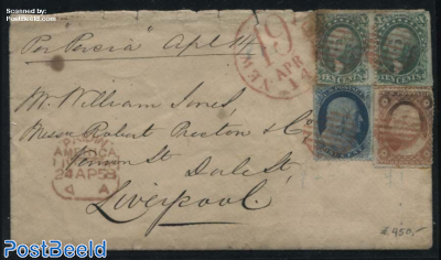 Letter per SS Persia to Liverpool England, (NEW 19 YORK APR 14, red)(PAID IN AMERICA 24 AP 58)