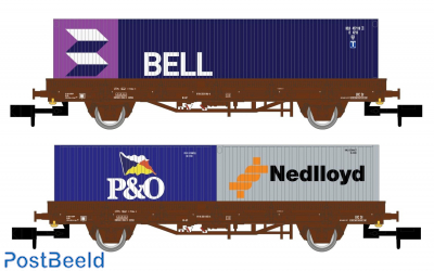 NS, 2-unit set flat wagons Kbs, brown livery, loaded with one 40' container BELL and two 20' contain