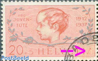 20+5c, Plate flaw, A of HELVETIA with spot